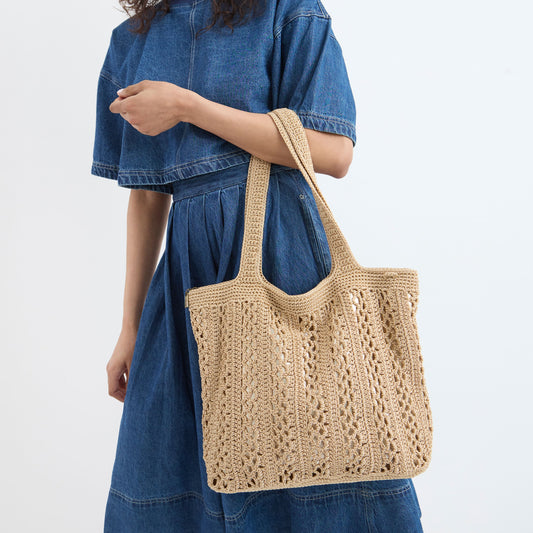 The Sak Sola Carryall Tote - Hand Crochet - Bamboo With Gold