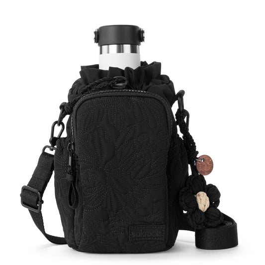 Sakroots Banyan Drawstring Crossbody - EcoTwill - Black Flower Blossom Quilted